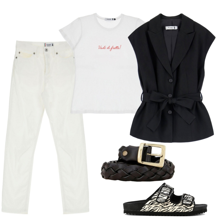 Outfit donna - Vado di fretta. Stile Casual per Ufficio. Abbinamento con gilet, jeans, t-shirt, cinture, sandali.