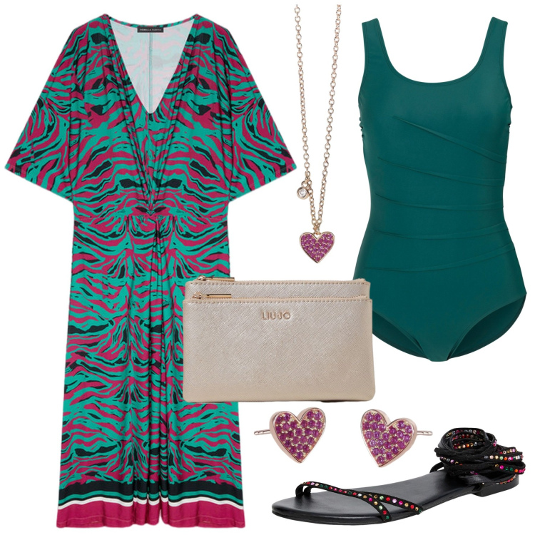Outfit donna - Summer look #14. Stile Glamour per Serata fuori. Abbinamento con costumi interi, sandali alla schiava, orecchini, collane, vestiti, pochette.