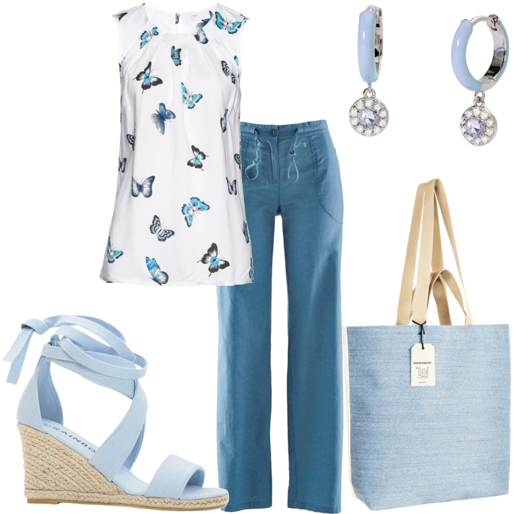 Outfit donna - Outfit completo con farfalle. Stile Glamour per Tutti i giorni. Abbinamento con pantaloni a palazzo, sandali, top, orecchini, borse tote.