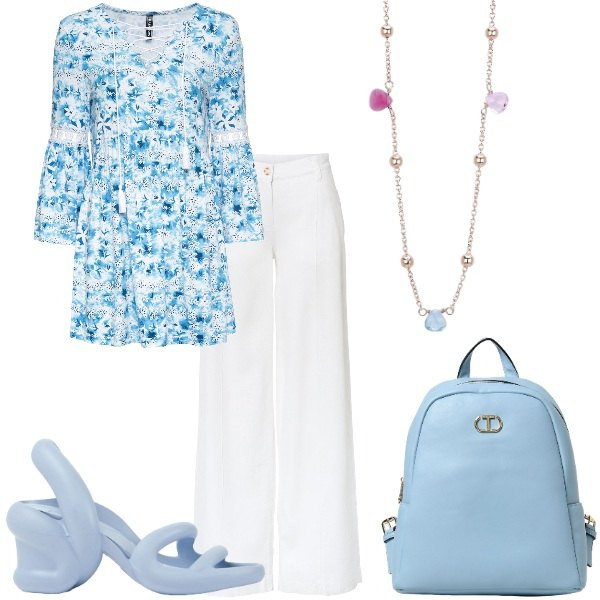 Outfit donna - Tunica in fantasia batik. Stile Trendy per Tutti i giorni. Abbinamento con pantaloni a palazzo, tuniche, collane, sandali col tacco, zaini.