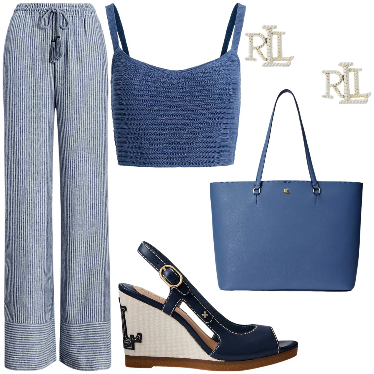 Outfit donna - Total look #1923890. Stile Casual chic per Mare. Abbinamento con orecchini, pantaloni, sandali in pelle, shopping bag, canottiere.