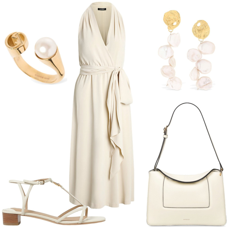 Outfit donna - Abito da cocktail. Stile Glamour per Tutti i giorni. Abbinamento con vestiti senza maniche, anelli, orecchini, sandali in pelle, borse a spalla.