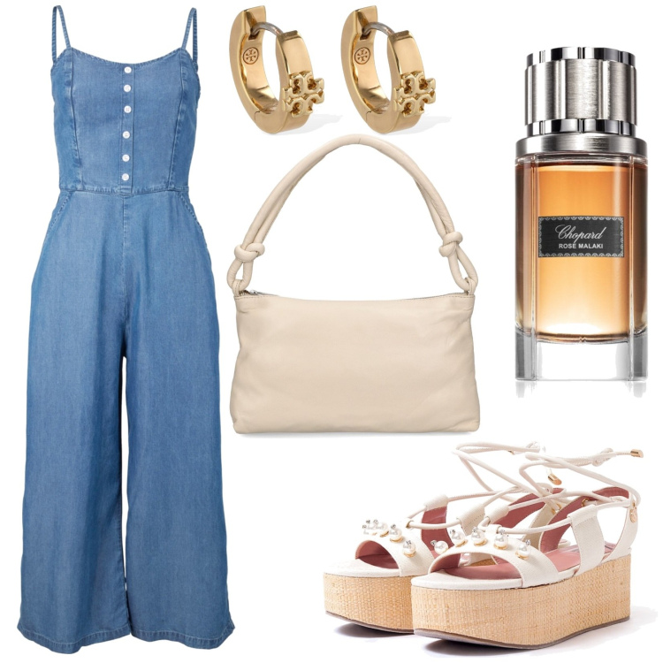 Outfit donna - Total look #1923897. Stile 70s per Tutti i giorni. Abbinamento con tute, profumi, sandali col tacco, borse a spalla, orecchini.