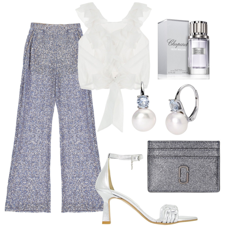 Outfit donna - Serata in paillettes !. Stile Glamour per Serata fuori. Abbinamento con profumi, orecchini, canottiere, pantaloni, décolleté, portafogli.