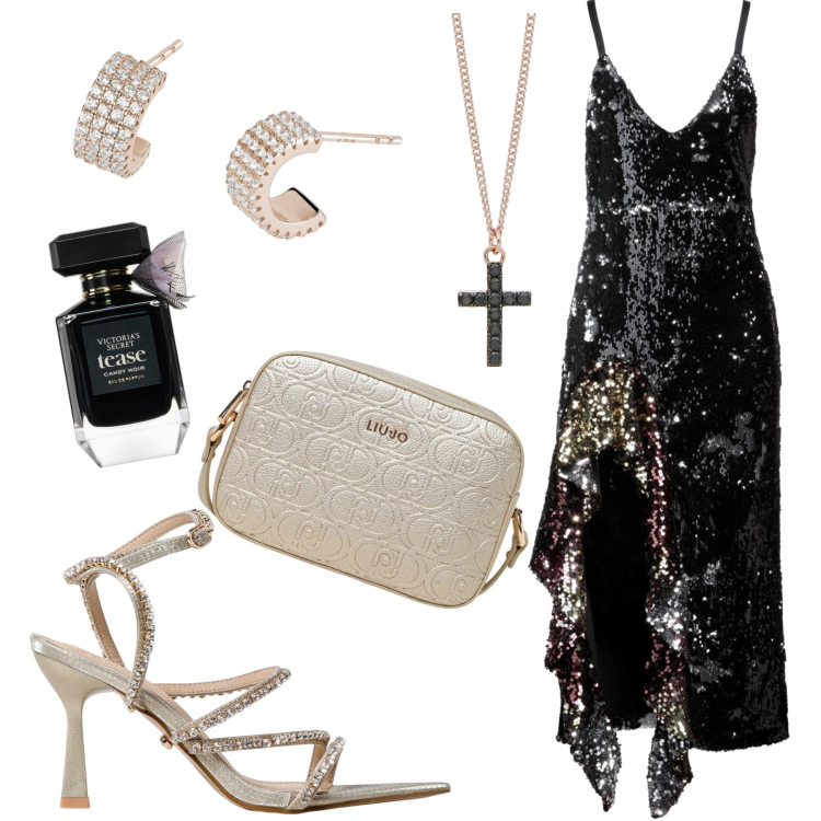 Outfit donna - Serata glam in disco. Stile Glamour per Serata fuori. Abbinamento con vestiti midi/longuette, profumi, collane, orecchini, borse a tracolla, sandali col tacco.