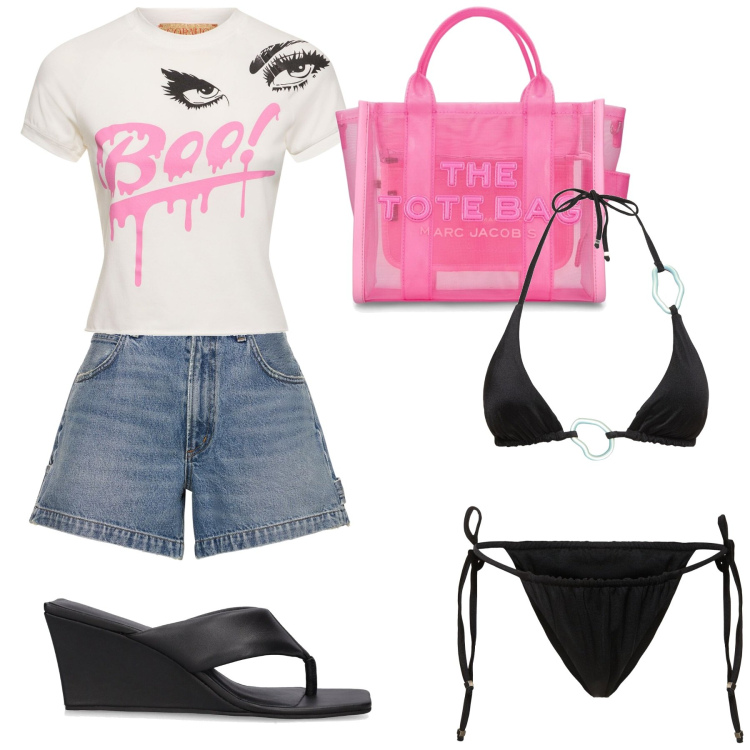 Outfit donna - non può mancare in valigia. Stile Casual chic per Mare. Abbinamento con t-shirt, shorts, bikini, borse tote, zeppe, bikini.