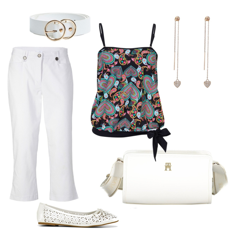 Outfit donna - Pantaloni Capri bianchi. Stile Casual per Tutti i giorni. Abbinamento con pantaloni capri, top, ballerine, cinture, orecchini, borse a tracolla.