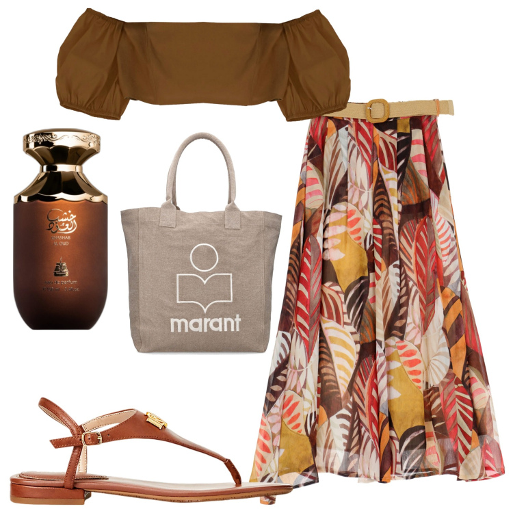 Outfit donna - In spiaggia al tramonto. Stile Romantica per Serata fuori. Abbinamento con profumi, gonne lunghe, top, sandali in pelle, shopping bag.
