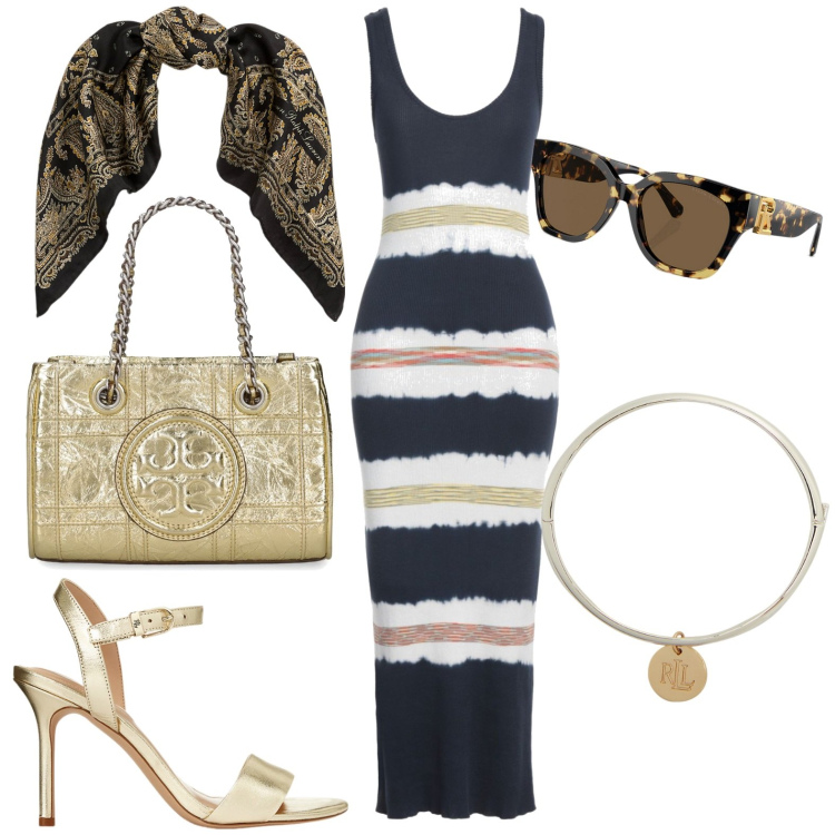 Outfit donna - Total look #1923943. Stile Casual chic per Serata fuori. Abbinamento con vestiti lunghi, occhiali da sole, braccialetti, sandali in pelle, foulard, borse a mano.