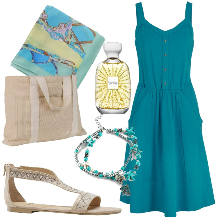 Outfit donna - Total look #1923946. Stile Casual per Tutti i giorni. Abbinamento con vestiti midi/longuette, sandali, collane, profumi, shopping bag, foulard.