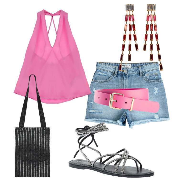 Outfit donna - In spiaggia al tramonto. Stile Casual per Serata fuori. Abbinamento con orecchini, cinture, sandali alla schiava, shorts, top, shopping bag.