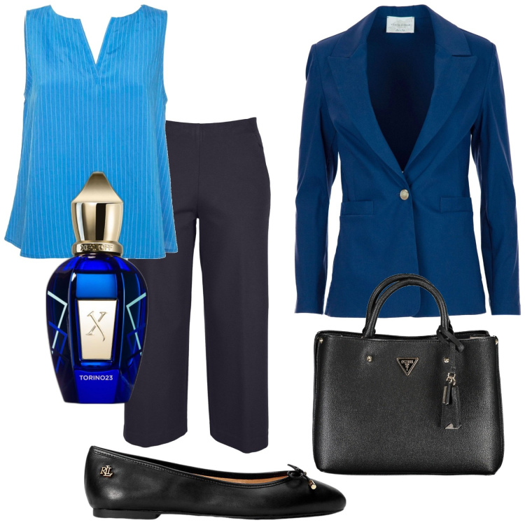Outfit donna - Manager. Stile Bon Ton per Ufficio. Abbinamento con profumi, ballerine, top, collane, pantaloni, blazer.