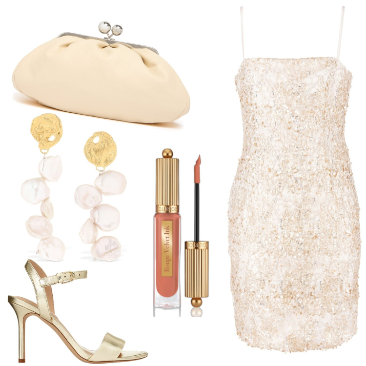 Outfit donna - Scintillante in discoteca. Stile Sexy per Serata fuori. Abbinamento con rossetti, vestiti a tubino, sandali in pelle, pochette, orecchini.