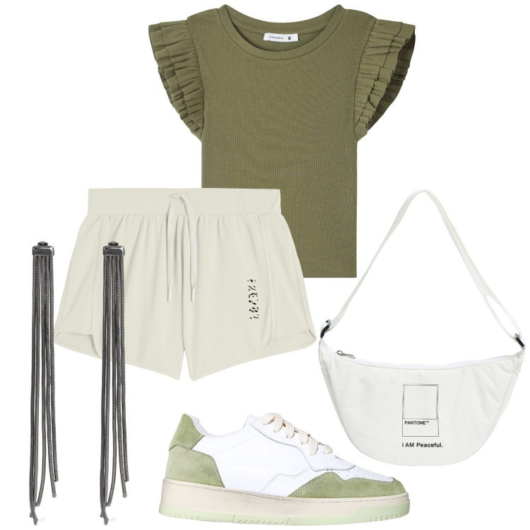 Outfit donna - In piena estate. Stile Casual per Tutti i giorni. Abbinamento con t-shirt, marsupi, sneakers, pantaloni corti, orecchini.