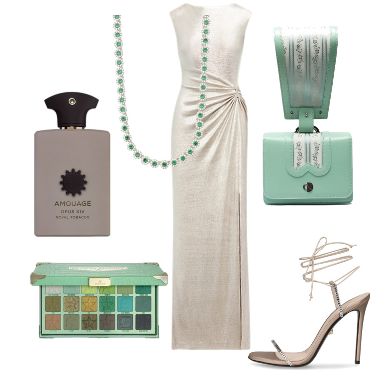 Outfit donna - Preziosa. Stile Chic per Cerimonia. Abbinamento con profumi, ombretti, collane, vestiti, sandali col tacco, borse a mano.