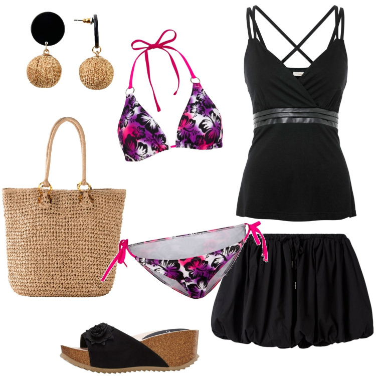 Outfit donna - Giornata in spiaggia con pizza di sera. Stile Casual chic per Mare. Abbinamento con orecchini, sandali, shopping bag, top, bikini, minigonne.
