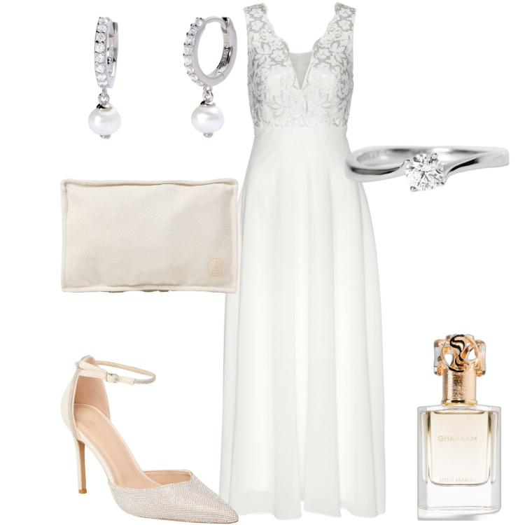 Outfit donna - Matrimonio. Stile Chic per Cerimonia. Abbinamento con vestiti, décolleté, profumi, orecchini, anelli, pochette.