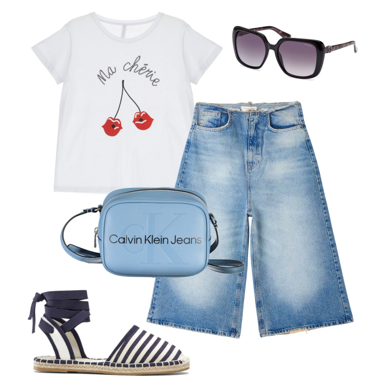 Outfit donna - Luglio. Stile Basic per Tutti i giorni. Abbinamento con espadrillas, jeans, t-shirt, occhiali da sole, borse a tracolla.