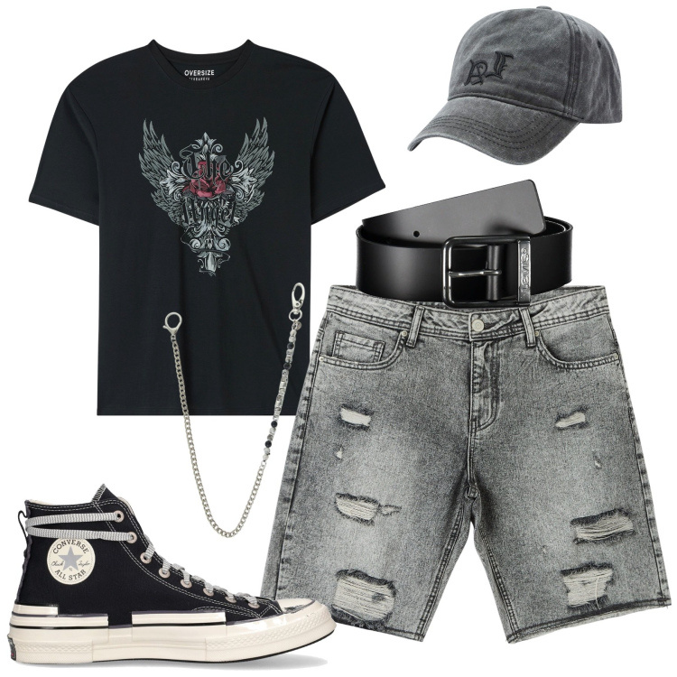 Outfit uomo - Vibes. Stile Casual per Serata speciale. Abbinamento con shorts, cappelli, t-shirt, collane, sneakers, cinture.