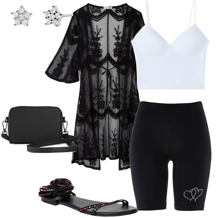 Outfit donna - Total look #1923993. Stile Casual per Tutti i giorni. Abbinamento con borse a tracolla, pantaloni corti, top, sandali alla schiava, caftani, orecchini.