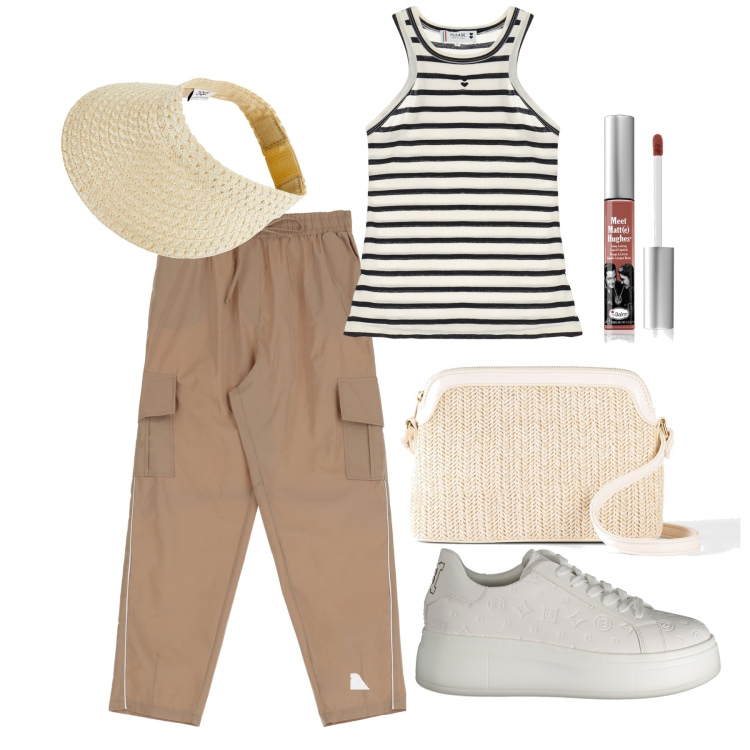 Outfit donna - Ghost outfitter - luglio. Stile Casual per Tutti i giorni. Abbinamento con borse a tracolla, cappelli con visiera, rossetti, top, pantaloni cargo, sneakers.