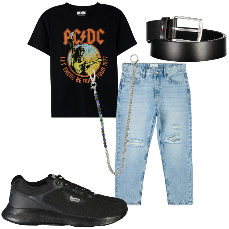 Outfit uomo - Festival estivo. Stile Biker Rock per Serata speciale. Abbinamento con jeans strappati, t-shirt, collane, sneakers, cinture.