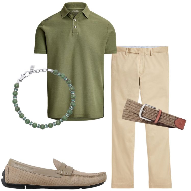 Outfit uomo - Urban style. Stile Urban per Tutti i giorni. Abbinamento con braccialetti, pantaloni chino, cinture, polo, scarpe stringate.