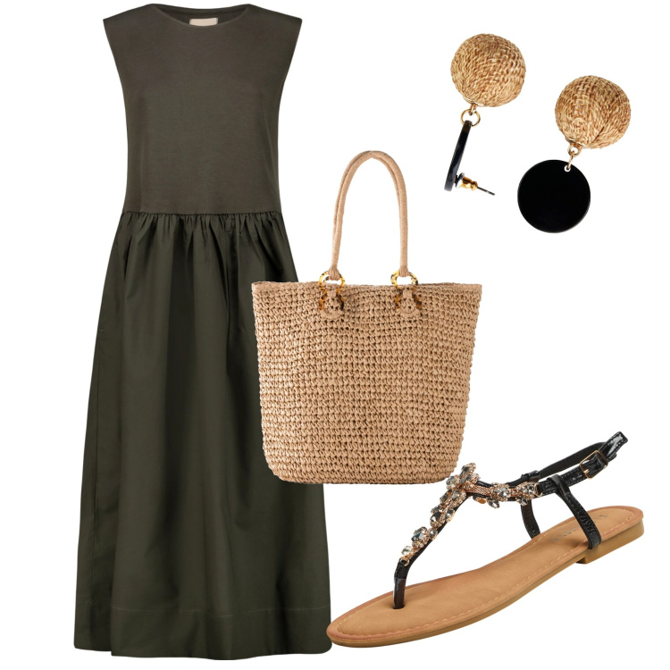 Outfit donna - Less is more. Stile Basic per Tutti i giorni. Abbinamento con orecchini, shopping bag, sandali gioiello, vestiti midi/longuette.