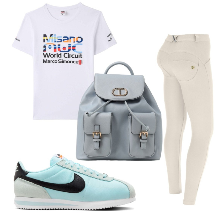 Outfit donna - Total look #1924028. Stile Basic per Sport. Abbinamento con t-shirt, pantaloni skinny, sneakers, zaini.