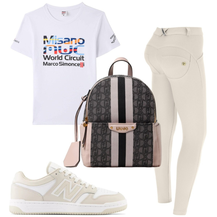 Outfit donna - Total look #1924029. Stile Basic per Sport. Abbinamento con t-shirt, sneakers, pantaloni skinny, zaini.