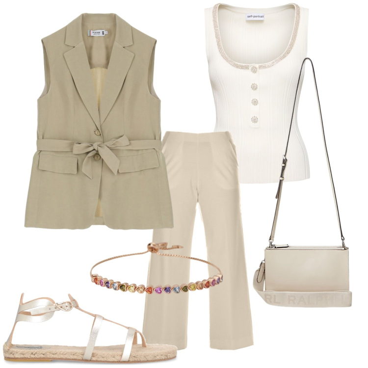 Outfit donna - Total look #1924030. Stile Casual chic per Tutti i giorni. Abbinamento con braccialetti, gilet, borse a tracolla, sandali in pelle, pantaloni, top.