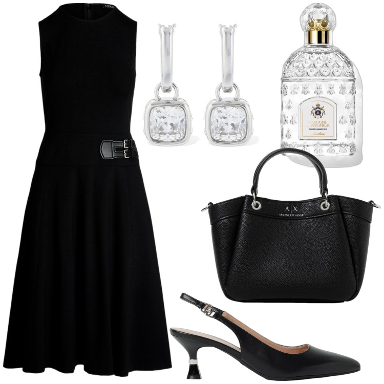 Outfit donna - Total look #1924035. Stile Bon Ton per Ufficio. Abbinamento con profumi, vestiti senza maniche, orecchini, borse a mano, scarpe col tacco.