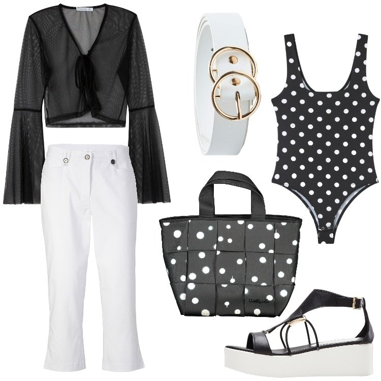 Outfit donna - Signora a pois. Stile Bon Ton per Tutti i giorni. Abbinamento con pantaloni capri, sandali col tacco, body, camicie, cinture, borse a spalla.