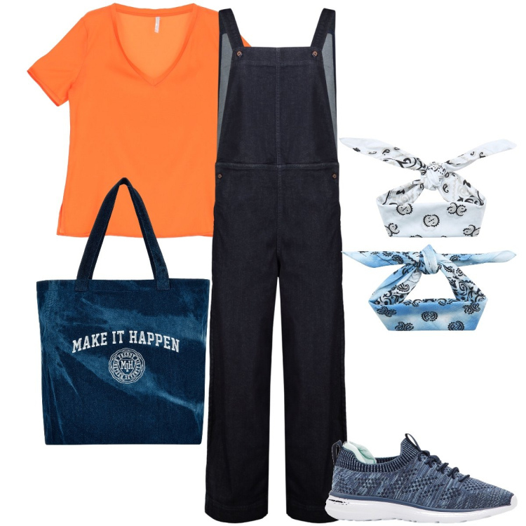 Outfit donna - La tuta in jeans. Stile Basic per Tutti i giorni. Abbinamento con sneakers, fasce per capelli, t-shirt, shopping bag, salopette.