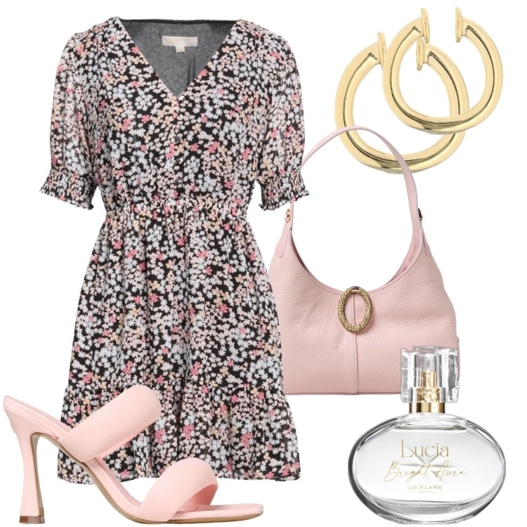 Outfit donna - Accessori rosa. Stile Bon Ton per Serata fuori. Abbinamento con vestiti corti, profumi, borse a spalla, orecchini, sandali in pelle.