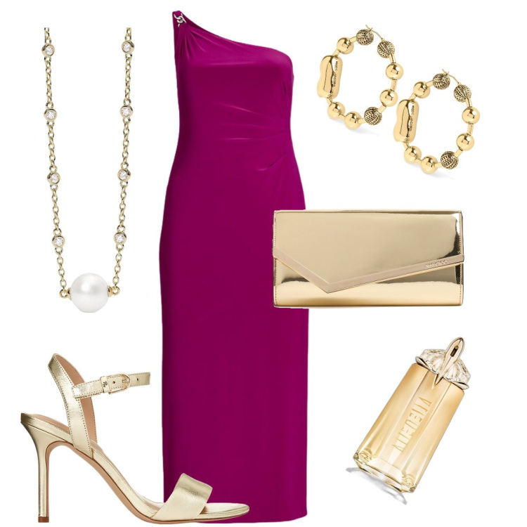 Outfit donna - Only gold. Stile Chic per Cerimonia. Abbinamento con profumi, collane, sandali in pelle, vestiti asimmetrici, pochette, orecchini.