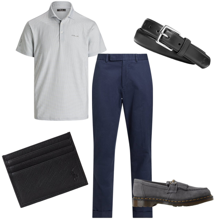 Outfit uomo - Alla cerimonia. Stile Business/Elegante per Cerimonia. Abbinamento con cinture, pantaloni chino, polo, portafogli, scarpe stringate.