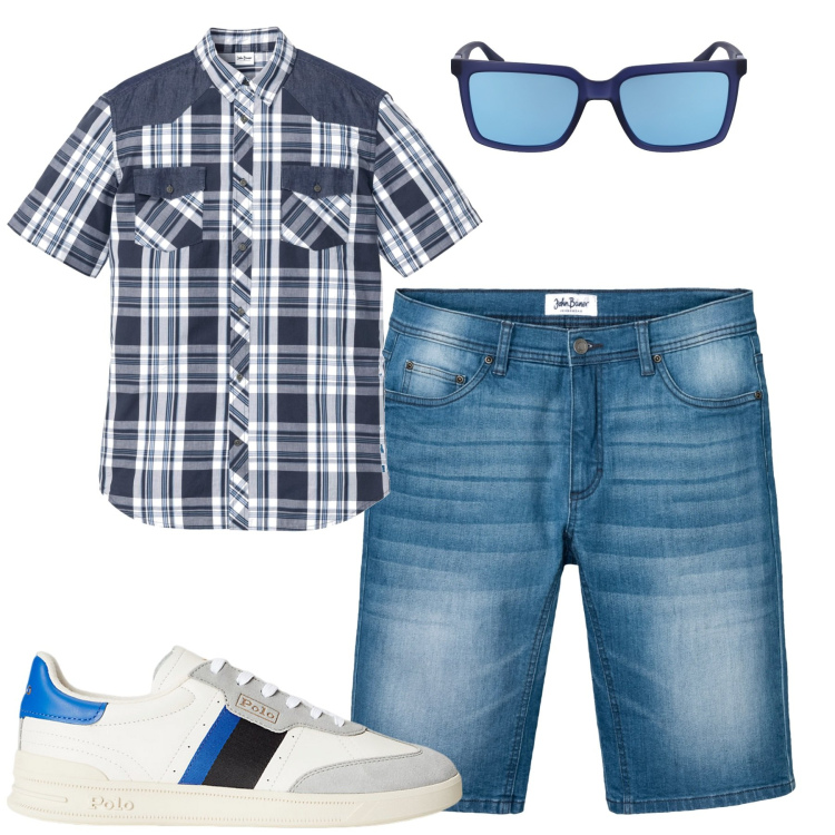 Outfit uomo - Luglio. Stile Casual per Tutti i giorni. Abbinamento con bermuda, camicie a manica corta, sneakers, occhiali da sole.