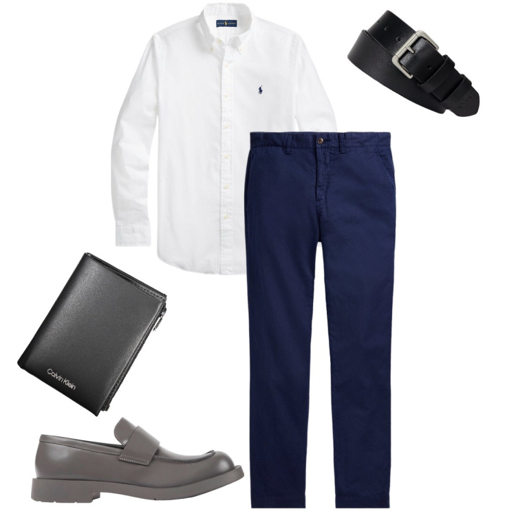 Outfit uomo - Mocassini grigi. Stile Business/Elegante per Cerimonia. Abbinamento con cinture, camicie, pantaloni, portafogli, scarpe stringate.
