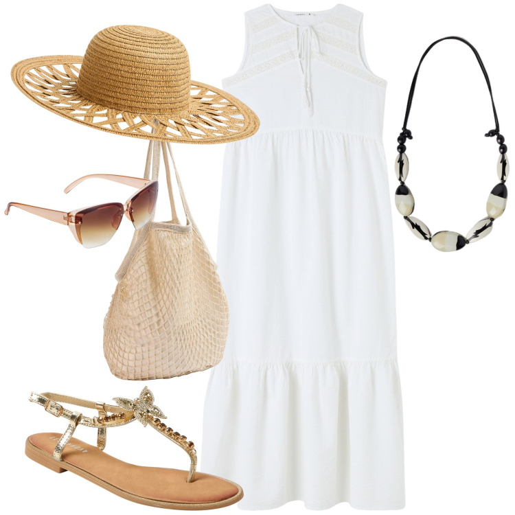 Outfit donna - All mare. Stile Casual chic per Mare. Abbinamento con occhiali da sole, vestiti midi/longuette, borse a spalla, sandali gioiello, cappelli, collane.