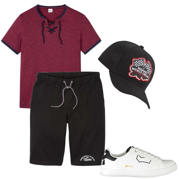 Outfit uomo - La t-shirt bordeaux. Stile Casual per Tutti i giorni. Abbinamento con bermuda, t-shirt, cappelli, sneakers.