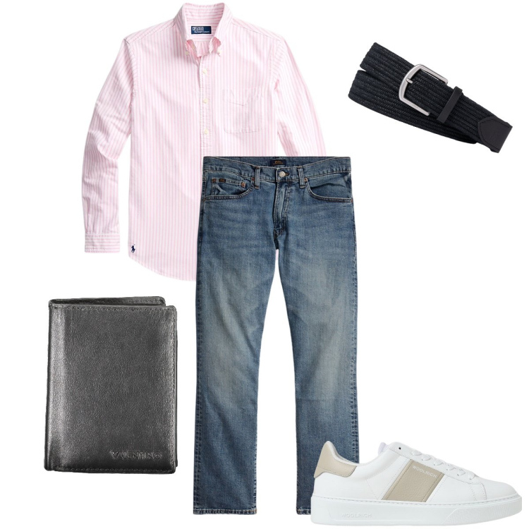 Outfit uomo - Righe rosa. Stile Urban per Ufficio. Abbinamento con cinture, jeans dritti, camicie, portafogli, sneakers.