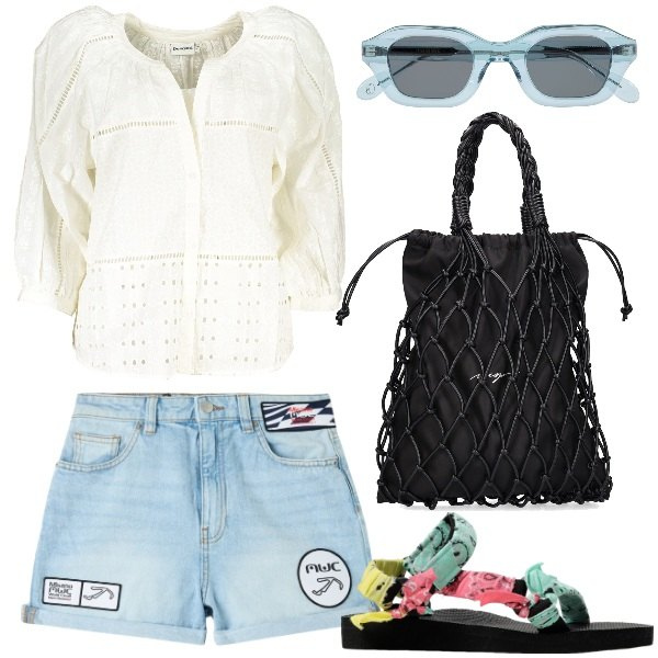 Outfit donna - Vacanza on the road. Stile 70s per Mare. Abbinamento con shorts, occhiali da sole, shopping bag, camicie, sandali.
