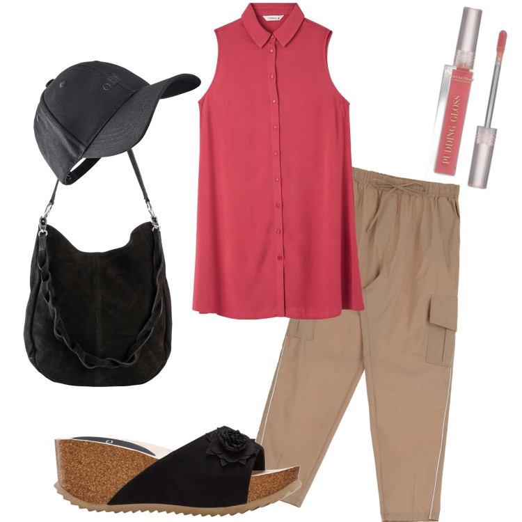 Outfit donna - Total look. Stile Basic per Tutti i giorni. Abbinamento con cappelli con visiera, sandali, borse a mano, gloss, camicie, pantaloni cargo.