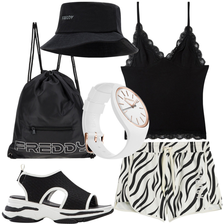 Outfit donna - Shorts & Top. Stile Sporty chic per Tutti i giorni. Abbinamento con sandali col tacco, top, zaini, pantaloni corti, orologi, cappelli.