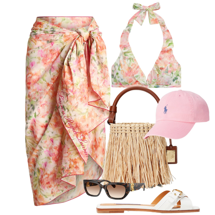 Outfit donna - In spiaggia. Stile Chic per Mare. Abbinamento con cappelli, borse a secchiello, gonne, top, occhiali da sole, sandali col tacco.