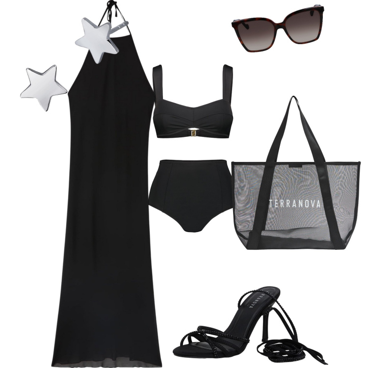Outfit donna - Copricostume o abito da sera. Stile Chic per Mare. Abbinamento con vestiti midi/longuette, sandali alla schiava, shopping bag, orecchini, bikini, occhiali da sole.