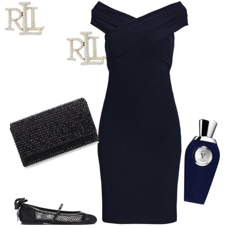 Outfit donna - Tubino pure il profumo. Stile Chic per Serata fuori. Abbinamento con profumi, orecchini, vestiti, ballerine, pochette.