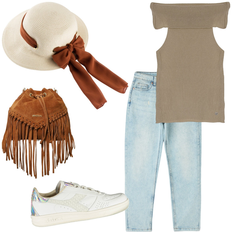Outfit donna - Total look. Stile Casual chic per Tutti i giorni. Abbinamento con cappelli, jeans mom, top, borse a secchiello, sneakers.