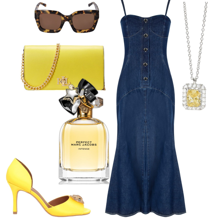 Outfit donna - Total look #1924233. Stile Glamour per Serata fuori. Abbinamento con sandali col tacco, profumi, collane, vestiti midi/longuette, borse a mano, occhiali da sole.